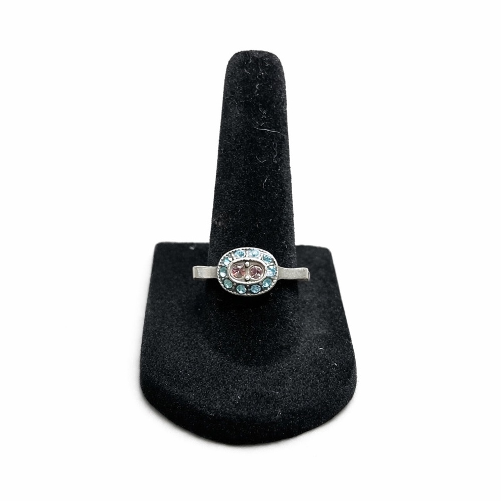 Vintage Style Turquoise & Pink Stone Oval Ring – Silver Tone-Size 8